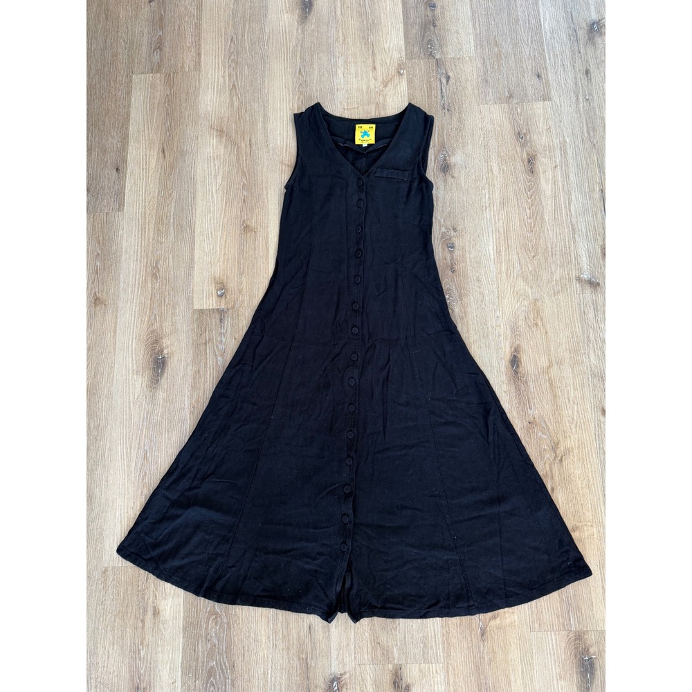 VTG 90s Grunge Goth UNIF Button Front Sleeveless Midi Dress M Black Linen Blend